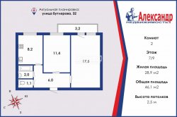 2-комнатная квартира (46м2) на продажу по адресу Бутлерова ул., 32— фото 2 из 23