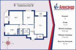 3-комнатная квартира (77м2) на продажу по адресу Славянская ул., 28— фото 31 из 32
