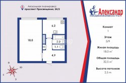 1-комнатная квартира (33м2) на продажу по адресу Просвещения просп., 24— фото 10 из 11