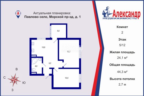 2-комнатная квартира (44м2) на продажу по адресу Павлово село, Морской пр-зд, 1— фото 1 из 25