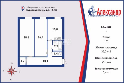 2-комнатная квартира (64м2) на продажу по адресу Курляндская ул., 16-18— фото 1 из 18