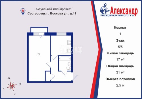 1-комнатная квартира (31м2) на продажу по адресу Сестрорецк г., Воскова ул., 11— фото 1 из 10