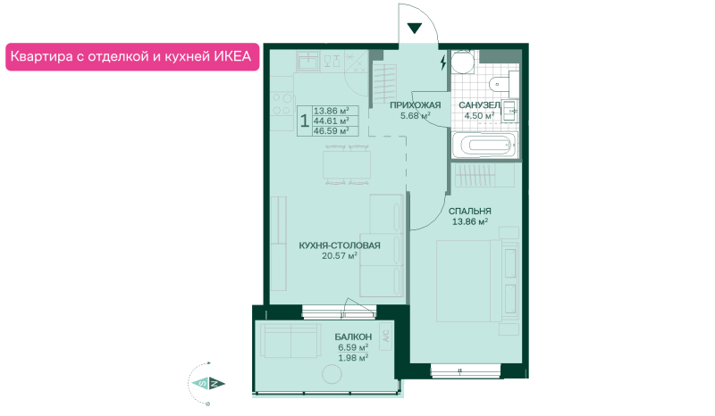 2-комнатная квартира (47м2) на продажу по адресу Дорога Жизни ш.— фото 1 из 3