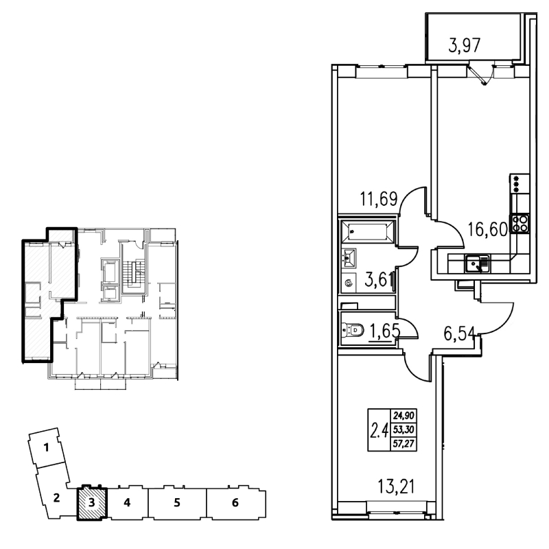3-комнатная квартира (53м2) на продажу по адресу Октябрьская наб.— фото 1 из 3