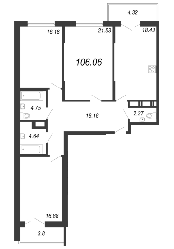 3-комнатная квартира (106м2) на продажу по адресу Александра Грина б-р— фото 1 из 4