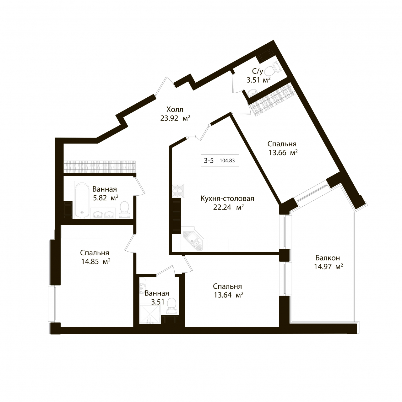 3-комнатная квартира (105м2) на продажу по адресу Малодетскосельский пр-кт— фото 1 из 4