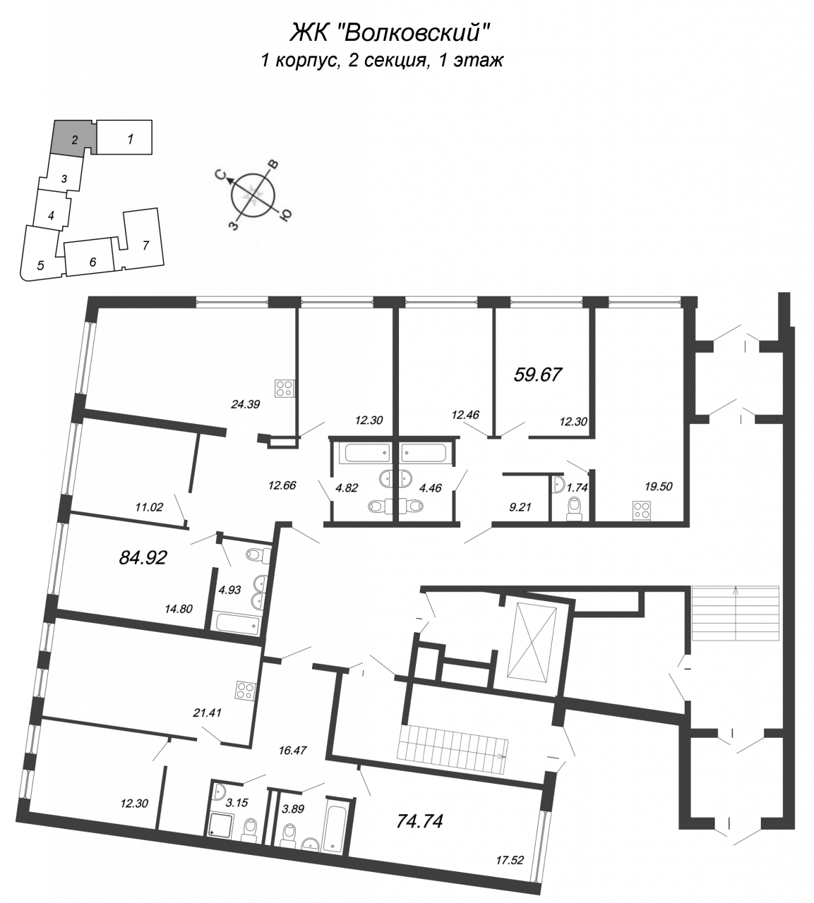 3-комнатная квартира (60м2) на продажу по адресу Волковский пр-кт— фото 2 из 4