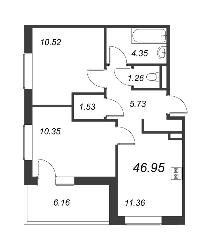2-комнатная квартира (47м2) на продажу по адресу — фото 1 из 4