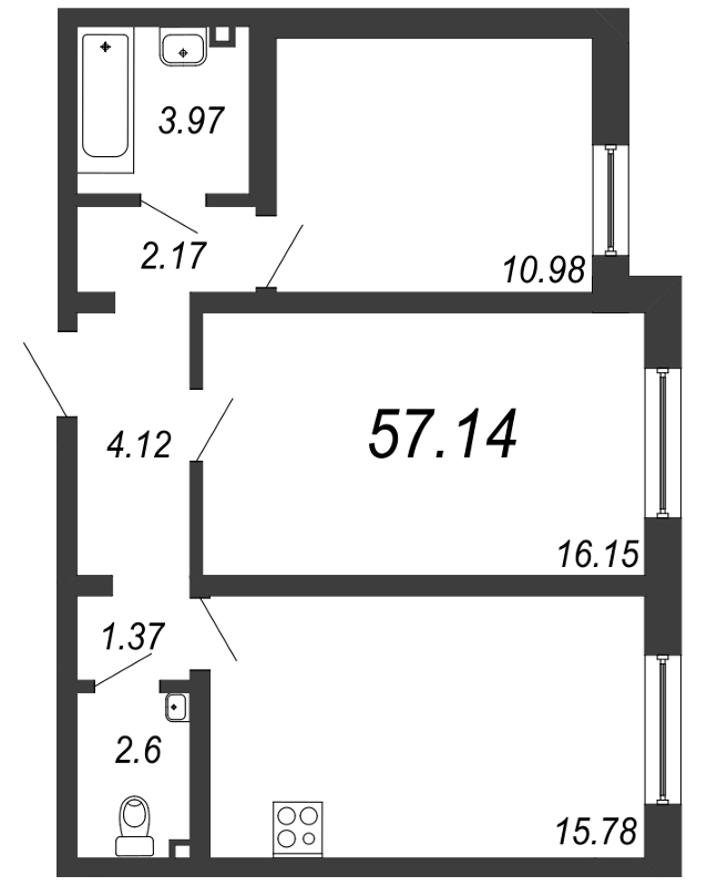 2-комнатная квартира (57м2) на продажу по адресу Муринская дор.— фото 1 из 4