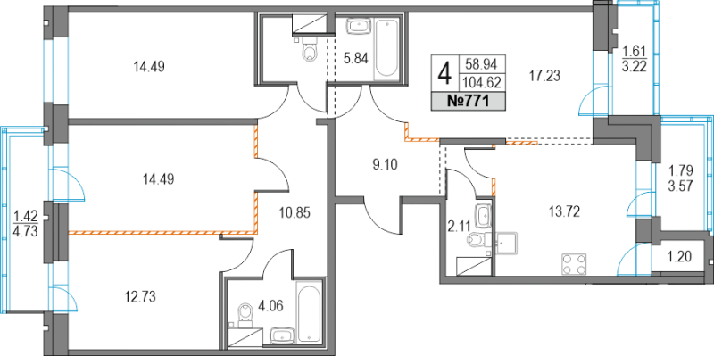 4-комнатная квартира (105м2) на продажу по адресу Коломяжский пр-кт— фото 1 из 3