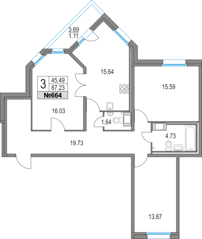 3-комнатная квартира (87м2) на продажу по адресу Коломяжский пр-кт— фото 1 из 4