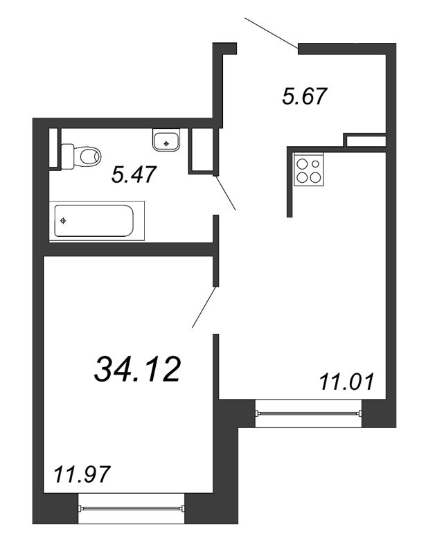 1-комнатная квартира (34м2) на продажу по адресу Невзоровой ул.— фото 1 из 4