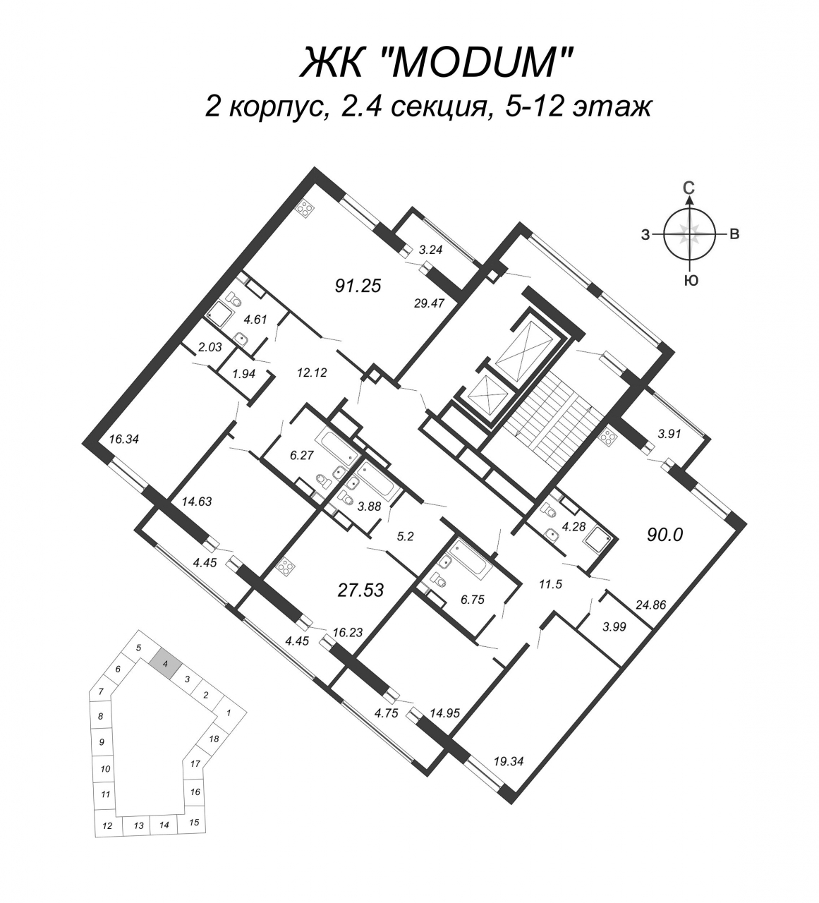 3-комнатная квартира (90м2) на продажу по адресу Глухарская ул.— фото 2 из 4