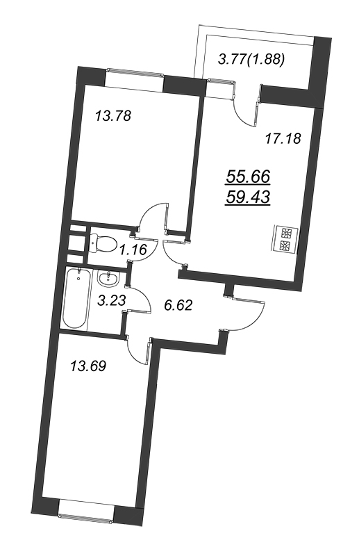 3-комнатная квартира (56м2) на продажу по адресу Пулковское ш.— фото 1 из 4