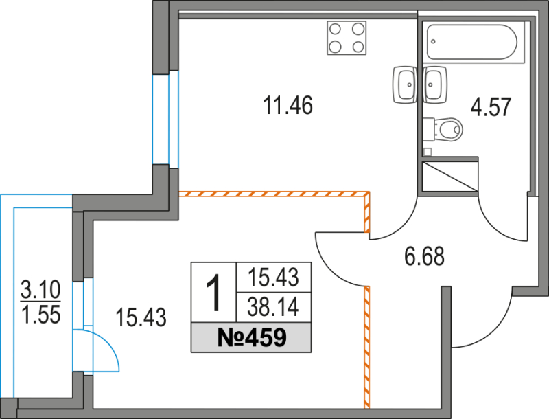 1-комнатная квартира (38м2) на продажу по адресу Коломяжский пр-кт— фото 1 из 3