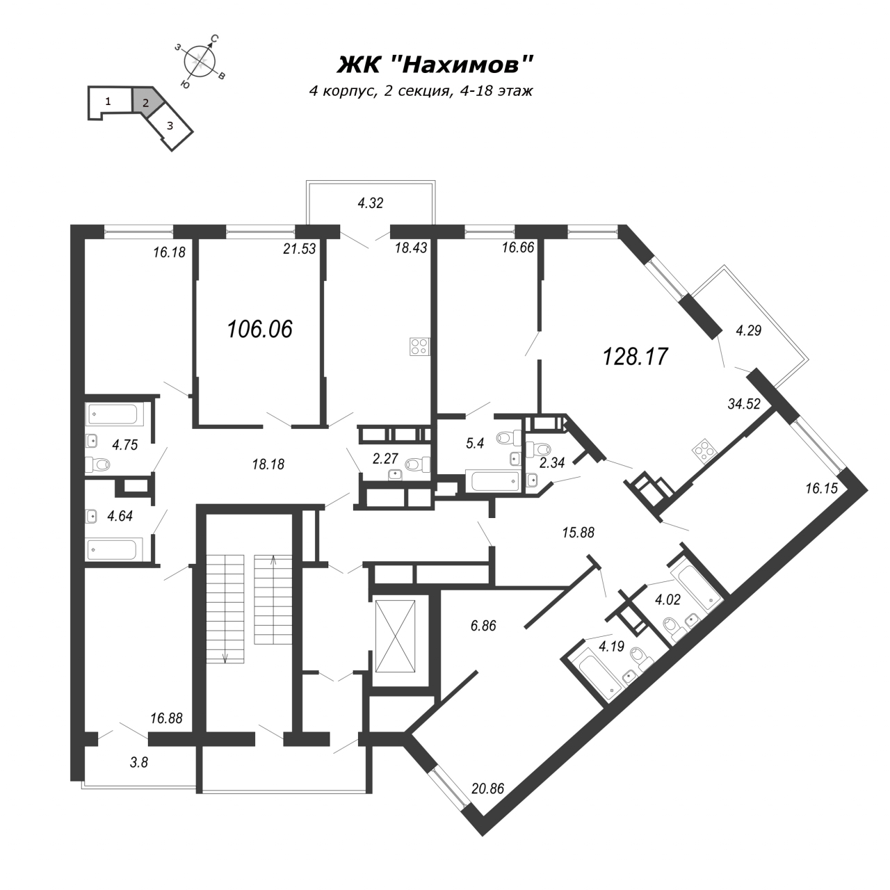 3-комнатная квартира (106м2) на продажу по адресу Александра Грина б-р— фото 2 из 4