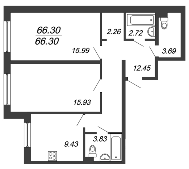 2-комнатная квартира (66м2) на продажу по адресу Пискаревский пр-кт— фото 1 из 4