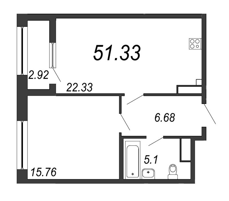 2-комнатная квартира (51м2) на продажу по адресу Юрия Гагарина пр-кт— фото 1 из 4