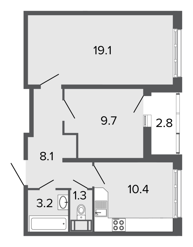 2-комнатная квартира (52м2) на продажу по адресу Комендантский пр-кт— фото 1 из 3