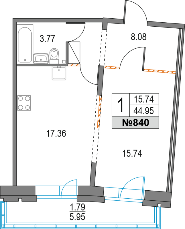 1-комнатная квартира (45м2) на продажу по адресу Коломяжский пр-кт— фото 1 из 3