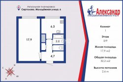 1-комнатная квартира (32м2) на продажу по адресу Сертолово г., Молодежная ул., 6— фото 18 из 19