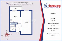 1-комнатная квартира (37м2) на продажу по адресу Мурино г., Авиаторов Балтики просп., 17— фото 11 из 12