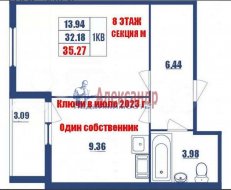 1-комнатная квартира (37м2) на продажу по адресу Мурино г., Воронцовский бул., 19— фото 3 из 4