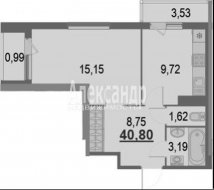 1-комнатная квартира (41м2) на продажу по адресу Кудрово г., Строителей просп., 16— фото 2 из 7