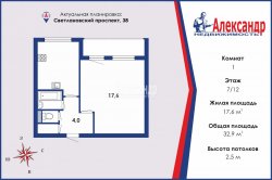 1-комнатная квартира (33м2) на продажу по адресу Светлановский просп., 38— фото 31 из 33