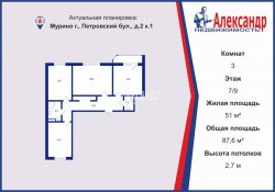 3-комнатная квартира (88м2) на продажу по адресу Мурино г., Петровский бул., 2— фото 2 из 8