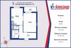 1-комнатная квартира (37м2) на продажу по адресу Ипподромный пер., 1— фото 3 из 12