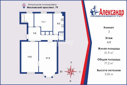 3-комнатная квартира (77м2) на продажу по адресу Московский просп., 79— фото 1 из 27