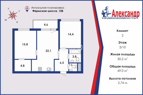 2-комнатная квартира (69м2) на продажу по адресу Фермское шос., 12— фото 1 из 15