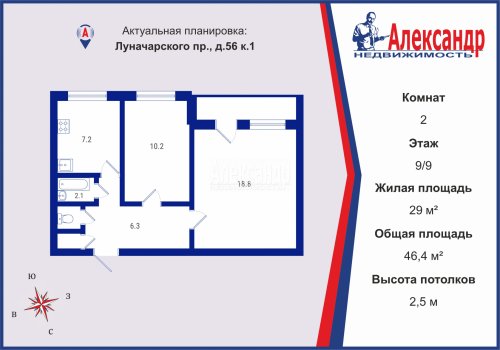 2-комнатная квартира (46м2) на продажу по адресу Луначарского пр., 56— фото 1 из 22