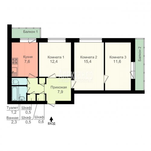 3-комнатная квартира (60м2) на продажу по адресу Учительская ул., 11— фото 1 из 18