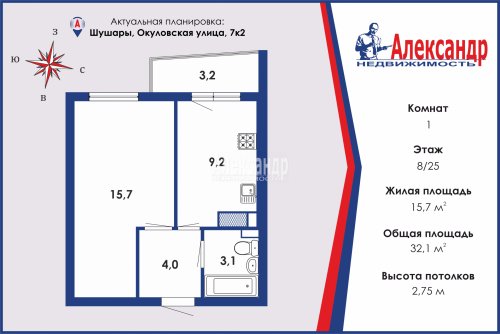1-комнатная квартира (32м2) на продажу по адресу Шушары пос., Окуловская ул., 7— фото 1 из 30