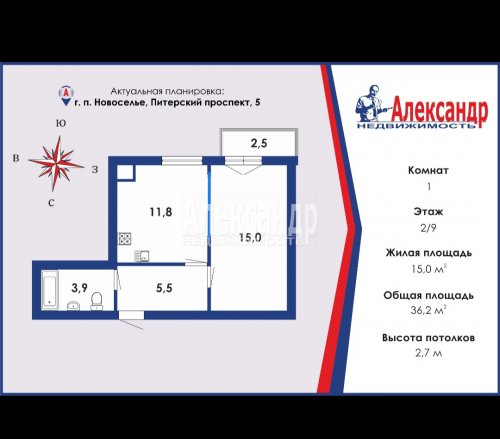 1-комнатная квартира (36м2) на продажу по адресу Новоселье пос., Питерский просп., 5— фото 1 из 21