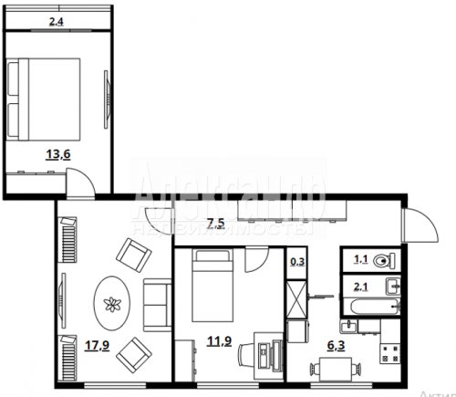 3-комнатная квартира (61м2) на продажу по адресу Гражданский просп., 122— фото 1 из 7