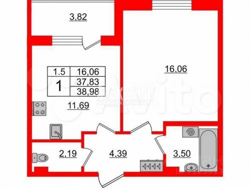 1-комнатная квартира (39м2) на продажу по адресу Пулковское шос., 73— фото 1 из 8
