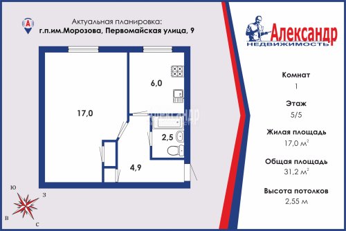 1-комнатная квартира (31м2) на продажу по адресу Им. Морозова пос., Первомайская ул., 9— фото 1 из 27