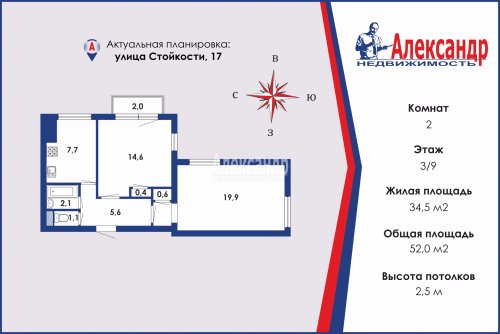 2-комнатная квартира (52м2) на продажу по адресу Стойкости ул., 17— фото 1 из 17