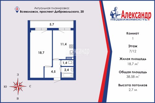 1-комнатная квартира (39м2) на продажу по адресу Всеволожск г., Добровольского просп., 20— фото 1 из 10
