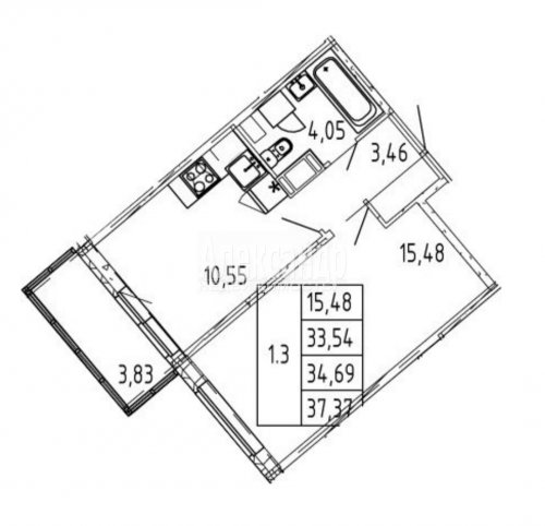 1-комнатная квартира (37м2) на продажу по адресу Мурино г., Ручьевский просп., 13— фото 1 из 7