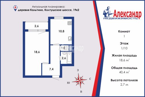 1-комнатная квартира (40м2) на продажу по адресу Кальтино дер., Колтушское шос., 19— фото 1 из 19